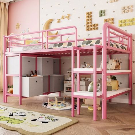 Lit Mezzanine Enfant 90x200 cm Tiroirs et Étagères - Lit Mezzanine - Métal Rose avec Marches Larges et Coins Arrondis (1/5)