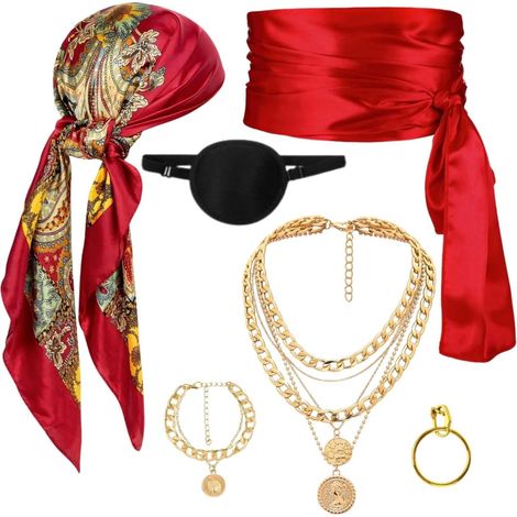 Costume de pirate pour femme - Lot de 6 accessoires avec foulard, cache-yeux, chaîne de taille, pour carnaval et Halloween (1/5)