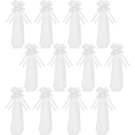 [Weiße Schleifenblumen + Tüll-Set] 12 Sets aus Schleifenblumen und weißen Tüllschleifen für Hochzeiten, Zeremonien, Gangdekorationen, Autodekorationen und Stuhllehnendekorationen (1/2)