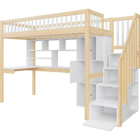 Lit mezzanine 90x200 cm, LED, échelle étagère, étagères, bureau, blanc et naturel, chambre enfant, matelas non inclus (1/5)