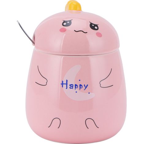 Mug en Céramique Rose 450ml avec Couvercle et Cuillère - Idée Cadeau, Bureau ou Maison (1/5)