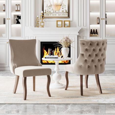 Set di 2 sedie da pranzo in velluto con gambe in legno massello, beige
