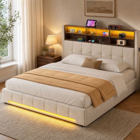 Letto 180x200 cm beige con testiera contenitore, LED e USB-C, senza materasso (1/5)