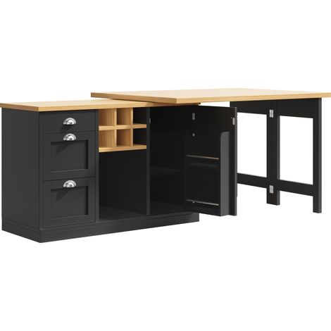 Table de bar pliante rotative 360° avec rangement, îlot de cuisine extensible avec porte-bouteilles, MDF noir (1/5)