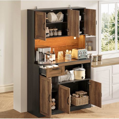 MODFU – Buffet cuisine Vaisselier 110x40x180 cm MDF – LED RGB, prises USB et 6 portes – Tiroir et charge 60 kg – Cuisine – Naturel/noir (1/5)