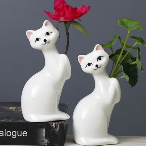 Vase - Céramique - Chat Forme Mini Fleur - Pour Fleurs Séchées Plantes ou Stylos - 1 Pièce (1/4)