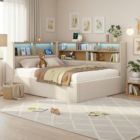 Lit banquette 90x200 cm avec rangement hydraulique, LED, ports USB et USB-C, tête de lit, velours beige, sans matelas (1/5)