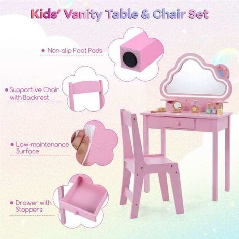 Kids Vanity Set with LED Cloud Mirror & Stool - Pink (1/5)