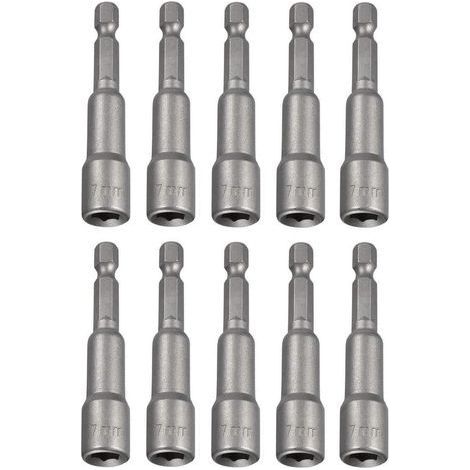 Lot de 10 douilles magnétiques 7 x 65 mm. tige hexagonale 1/4". jeu de douilles hexagonales. adaptateur pour perceuse. visseuse sans fil (1/3)