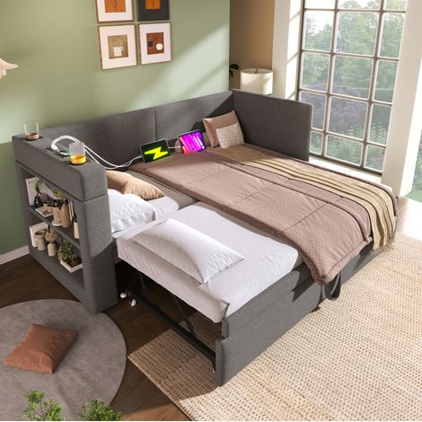 Bett Daybed 90x200 cm grau, gepolstert in Baumwoll-Leinen-Mix, mit Ausziehbett, reversible Armlehnen, USB/Type-C (1/5)
