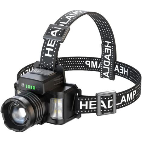 Leistungsstarke (30W) wiederaufladbare LED-Stirnlampe mit Infrarotsensoren und drei seitlichen Lichtquellen zum Campen, Radfahren, Laufen und Angeln.