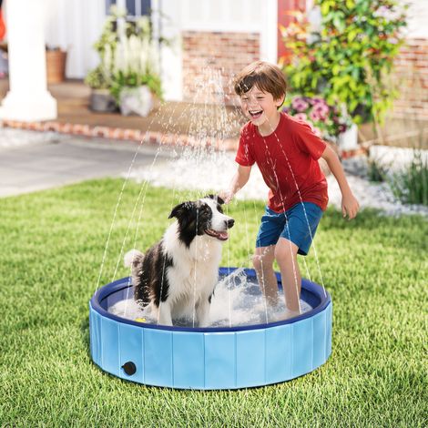 Piscine pliable pour chiens de petite et moyenne taille avec arroseur, en PVC antidérapant et résistant, Ø 100 x 30 cm, bleu clair