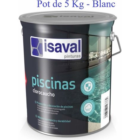 Peinture de piscine caoutchouc chloré 5kg – Finition mate – Couleur blanche – Monocouche – Pour extérieur – Rendement 10 m² – Isaval