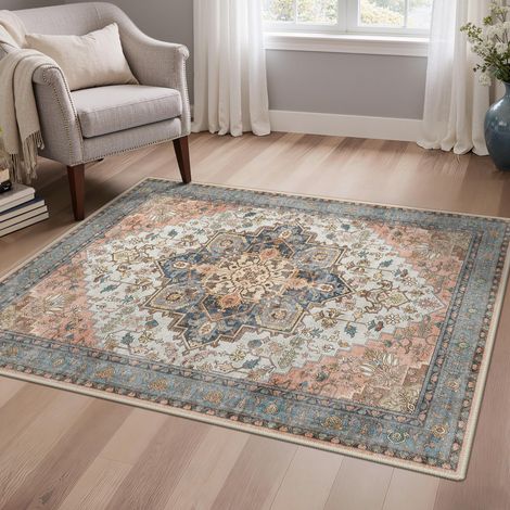 Tapis Salon Vintage 120x170cm Lavable en Machine Rug AntidéRapant Poil Ras, pour Chambre Salle a Manger Descente de Lit Bureau, Cuisine, Rose (1/5)