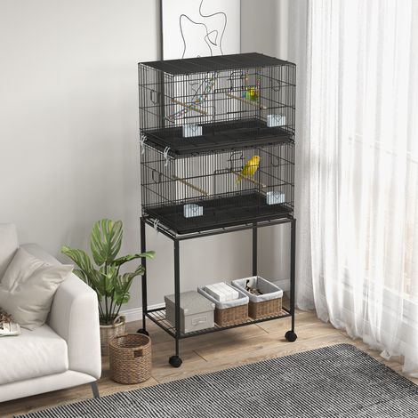 Volière Double Empilable Roues Cintres Plateau Amovible Balançoire Échelle Noire 77x46x164cm