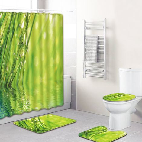 Ensemble rideau de douche avec gouttes d'eau et feuilles, design naturel, tapis de bain, décoration de salle de bain, antidérapant, ensemble rideau de douche et couvre-toilettes 4 pièces (Feuilles de (1/5)