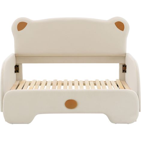 Cama doble con forma de oso de terciopelo beige con lamas de madera 140 x 200 cm HOMVRA (1/5)