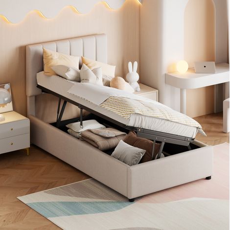 Lit coffre 90x200 avec rangement hydraulique beige HAVRYA (1/5)