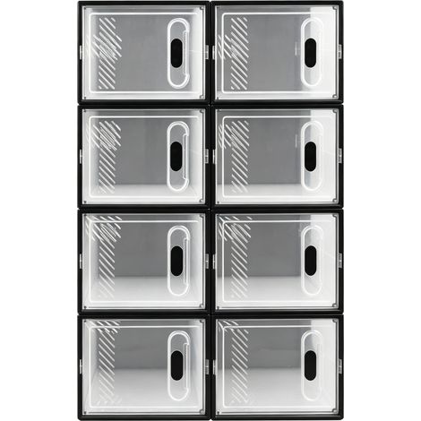 Boîte à chaussures empilable transparente et noire, lot de 8 boîtes modulaires avec porte frontale, rangement gain de place pour chaussures et petits objets – CHICFURN (1/5)