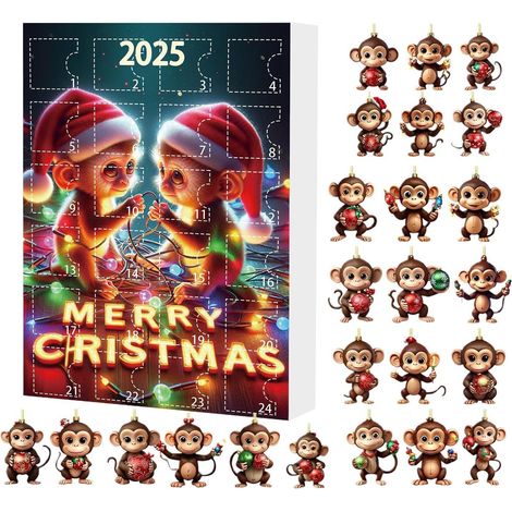 Adventskalender 2026 – Affenmotiv – Weihnachtsdekoration – 24-teilig – 2D-Acryl – mit Anhängern – Dekoration für Auto, Schlafzimmer, Wohnung, Geburtstag, Schule (1/5)
