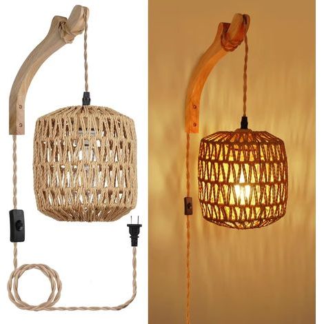 Applique murale rotin LED style rétro sans ampoule – éclairage E27 corde de chanvre pour chambre, salon et décoration intérieure (1/5)