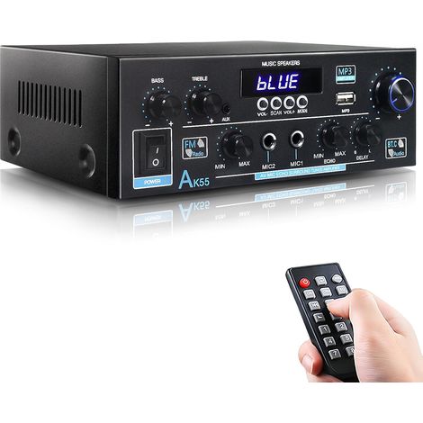 Amplificateur Bluetooth 5.0 HiFi Stéréo Mini Récepteur Audio Numérique Amplificateur de Puissance avec USB, SD, FM, 2 Microphone Entrée Echo, RCA (AK55) (1/5)