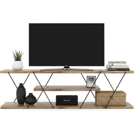 Dmora - Meuble TV Dmustaph, Buffet de salon, Armoire basse pour TV, Base murale de rangement, 120x30h33 cm, Noir et Noyer