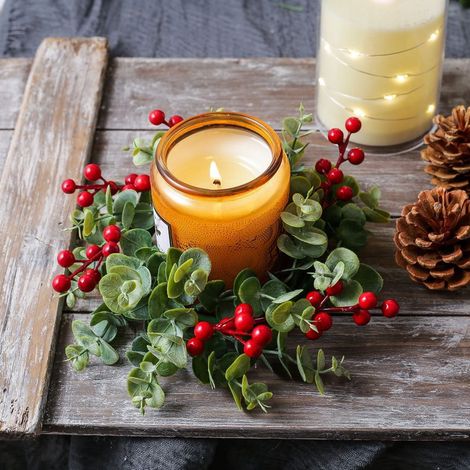 Couronne De Bougie Artificielle - Baies Rouges Et Feuilles D'Eucalyptus - Pour Décoration De Table Noël Ou Automne - 20 Cm - 1 Pièce (1/5)