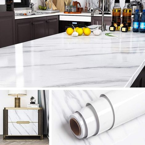 Papier Peint Adhésif de 60CM5M Effet Marbre Blanc et Gris Clair Rouleau Adhésif Décoratif Imperméable Amovible Lavable Papier Adhésif pour Meuble Cuisine Plan de Travail Étagère Placard (1/5)