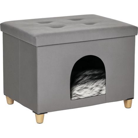 Niche chat maison de chat design surélevé avec coussin amoviable et lavable en peluche doux repose-pieds, dessus ouvrable, gris (1/5)