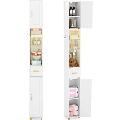 COSTWAY 180 cm Tall Bathroom Cabinet Narrow Storage Organizer w/ 3 Doors-White (1/5)