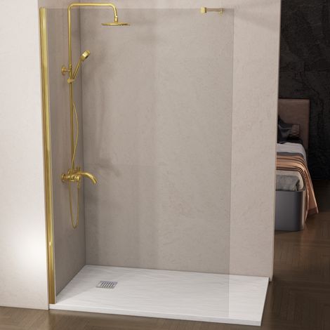 Mampara de ducha fija 100 cm transparente Oro Cepillado antical 8mm  200 cm alto