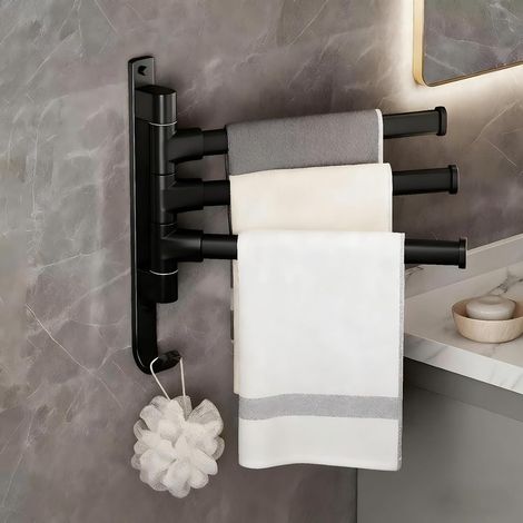 Handtuchhalter mit 180°-Drehung – 3-Stangen-Wandhalterung aus Aluminium, ideal für kleine Räume, Bad und Küche – Schwarz (1/5)