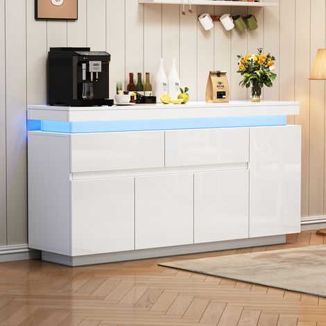 Buffet de salon 140x35x72,5 cm avec 2 tiroirs, 4 portes et LED, blanc (1/5)