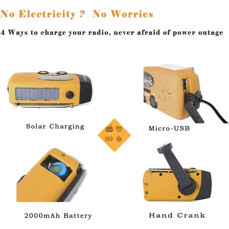 Radio AM/FM d'urgence avec manivelle et alimentation solaire, chargeur de téléphone USB rechargeable et lampe torche LED, noire.