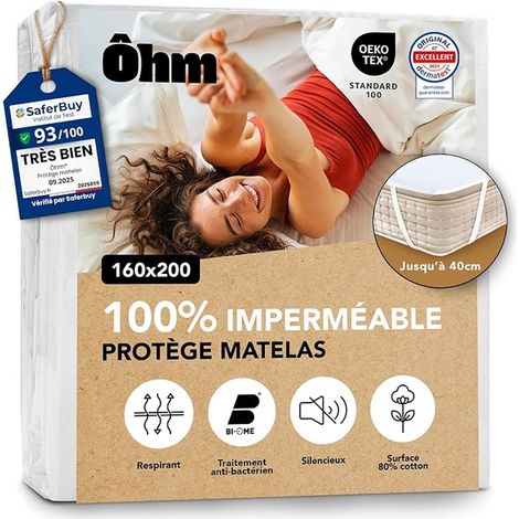Protège Matelas 160x200 cm Alèse Imperméable en Coton 4 Coins Elastiques Absorbant et Anti-acariens Jusqu'à 40 cm Silencieux et Hypoallergénique (1/4)