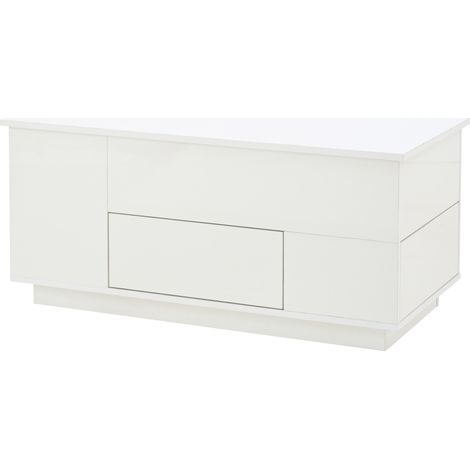 Table basse relevable 4-en-1 blanche 100x50x45 cm avec LED, 2 tiroirs et 2 tabourets de rangement intégrés (1/5)