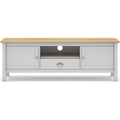 Meuble TV en pin massif chêne et blanc, meuble de rangement - Longueur 158 x Profondeur 40 x Hauteur 53 cm -PEGANE- (1/5)
