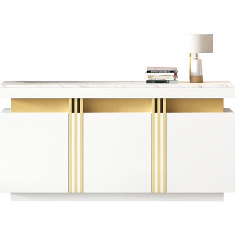 Buffet moderne blanc 140 x 38 x 70 cm, 3 portes, meuble de salle à manger avec séparateurs réglables, parfait pour cuisine, salon, salle à manger, entrée, finitions platine, larges rangements sans poi (1/5)