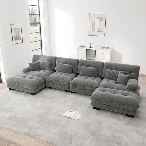 Canapé d'angle modulaire, en forme de U, quatre places, avec repose-pieds amovible, tissu chenille- Gris (1/5)