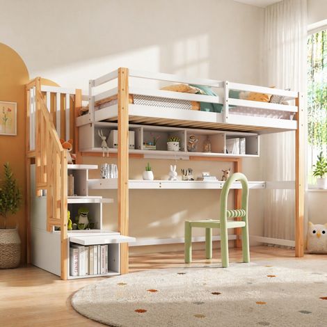 Letto a soppalco per bambini con scrivania e scale contenitore, legno massello+MDF bianco/rovere, 90x200 cm (1/5)