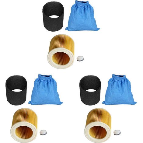 3 sacs filtrants textiles pour aspirateurs Karcher MV1, WD1, WD2 et WD3. Filtre en mousse pour aspiration humide et sèche. Filtre HEPA inclus. (1/5)