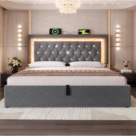 DESVIAE Lit double capitonné avec rangement hydraulique 180 x 200 cm velours gris tête de lit réglable LED USB USB C avec sommier à lattes (1/5)