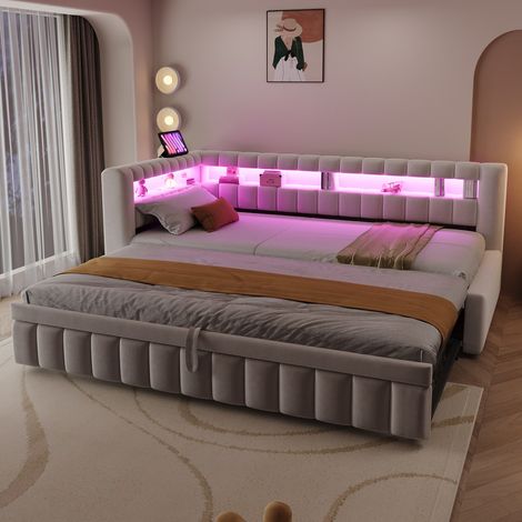Canapé-lit rembourré 90x200 cm - avec éclairage LED - avec port de charge USB - lit gigogne - tissu velours - beige (matelas non inclus) (1/5)