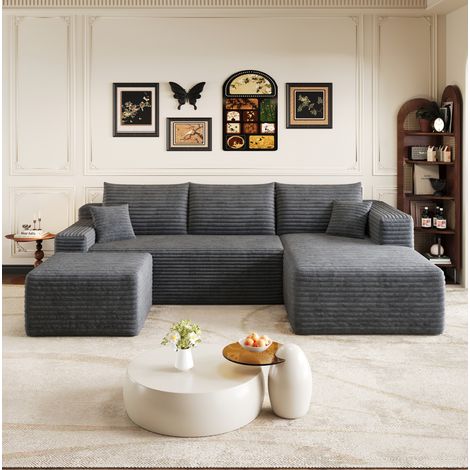 Canapé d’angle L 241 cm gris foncé en tissu effet velours, sans montage, OKWISH (1/5)