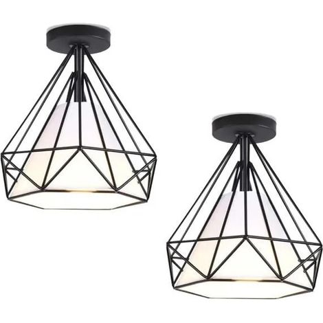 U-Do 2Pcs Plafonnier Industriel Lampe Abat - Jour Cage forme Diamant en Métal Noir design Vintage pour Cuisine Salon Bureau (1/4)