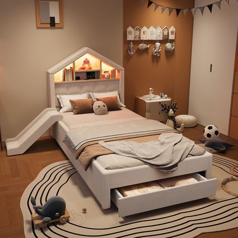 Lit Simple 90 x 200 cm structure maison toboggan montable à gauche ou à droite éclairage LED prise de recharge grand coffre de lit (1/5)