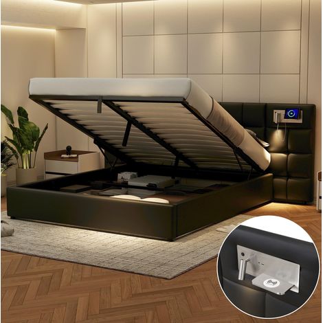 Cama tapizada 180/200 cm negra de PU con carga inalámbrica y almacenaje hidráulico (1/5)