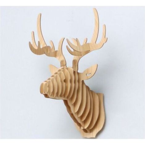 29.6 x 21.2 x 38 cm Wood Color 1 piece 3D Wall Mounted Deer Head Sculpture Wall Decoration Entryway Wooden Elk Head Decor Animal Head Wall Hanging Entryway Wall Decoration (1/4)