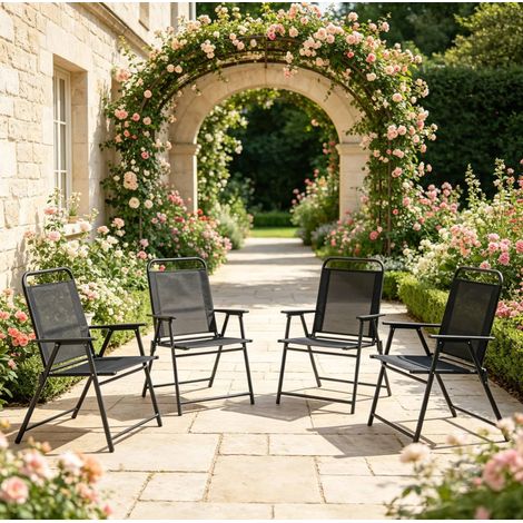 Set de 4 sillas de jardín plegables negras con respaldo alto, reposabrazos y asiento de tela transpirable para terraza, balcón y camping, fáciles de guardar – CHICFURN (1/5)